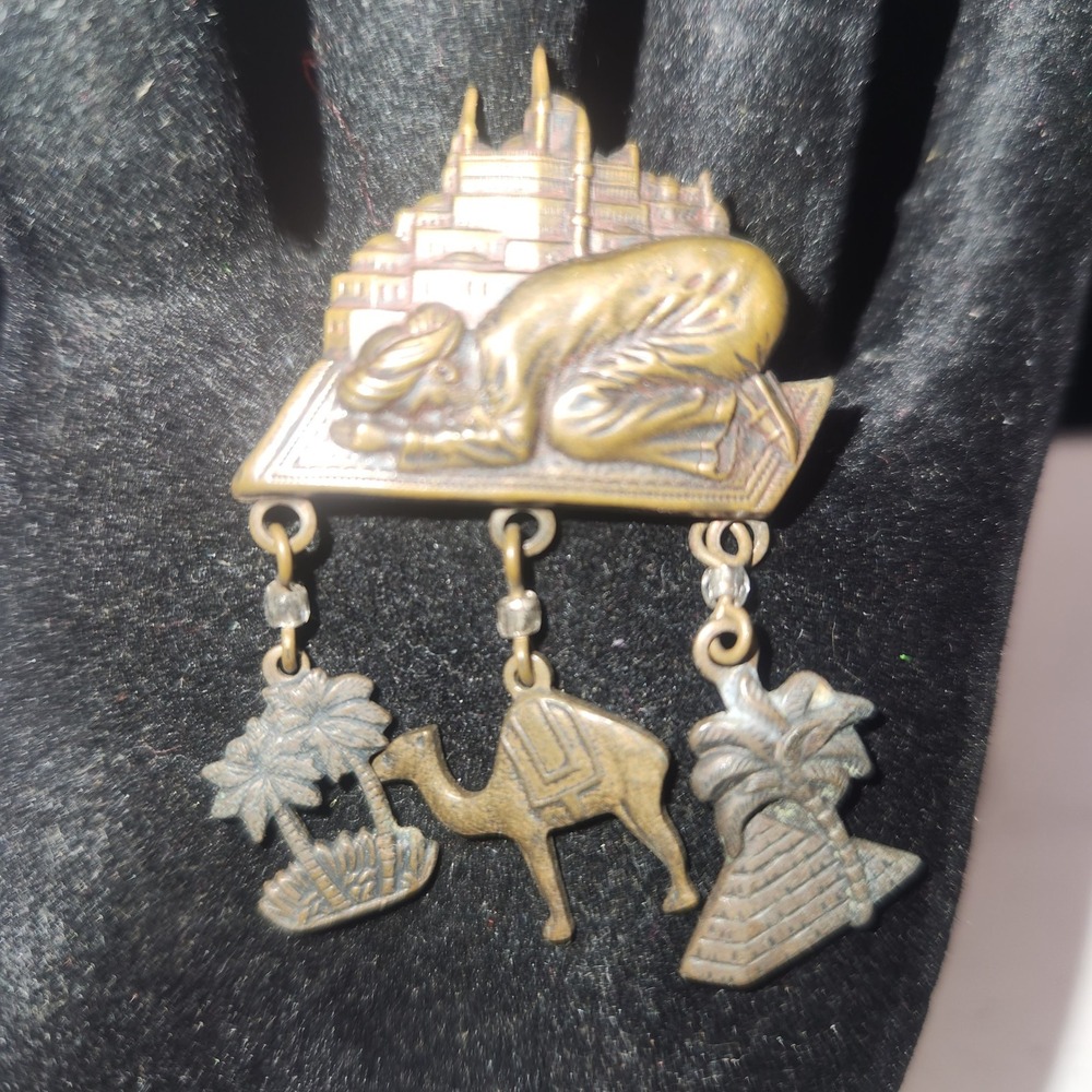 Vintage Middle Eastern Souvenir Brooch Camel Pyramid Palm Tree‎ Dangle Pin Brass